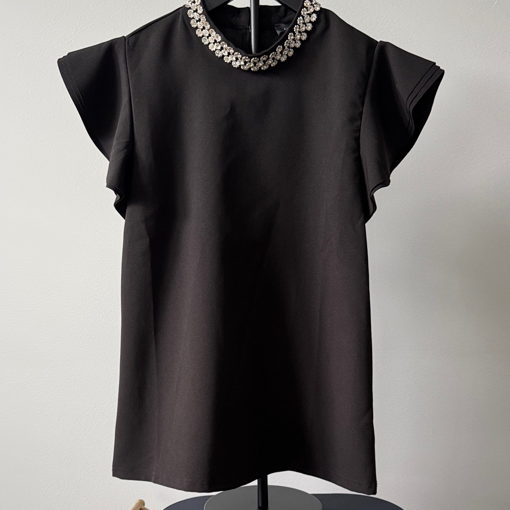 Gracia Black Top With Embellished Neckline Size M